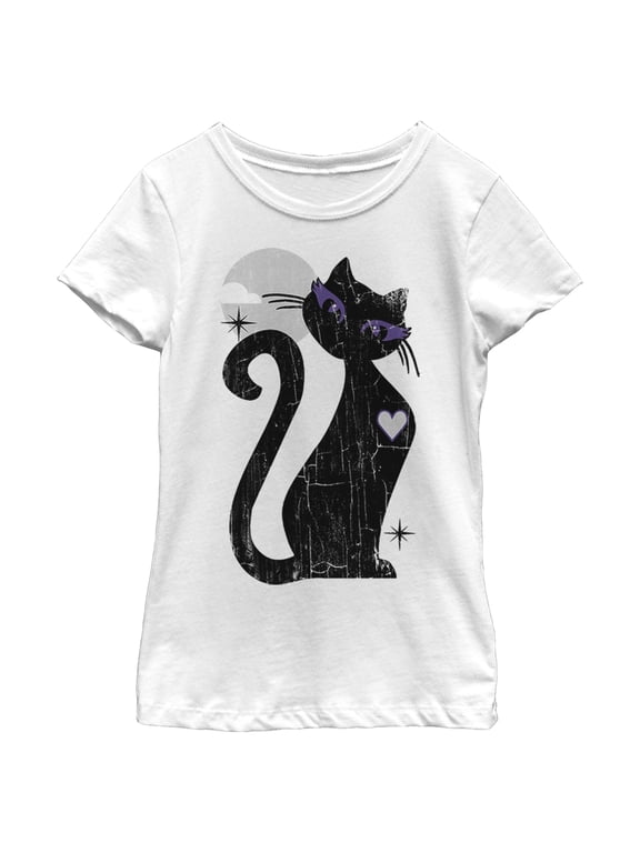 Girl's Lost Gods Halloween Full Moon Black Cat Heart Graphic Tee White Medium