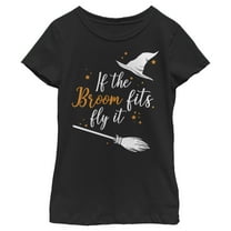 Girl's Lost Gods Halloween If the Broom Fits Fly It  Graphic Tee Black Small