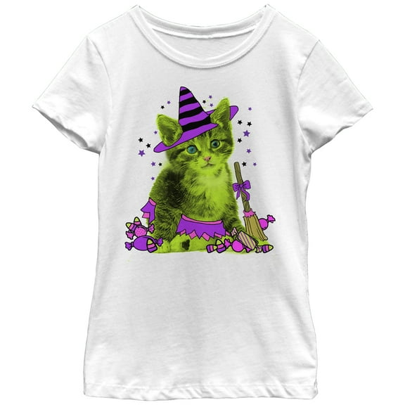 Girl's Lost Gods Halloween Kitten Witch and Candy  Graphic Tee White Large