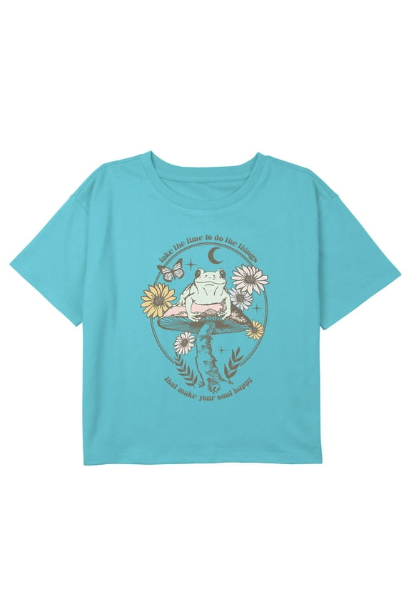 Girl's Lost Gods Happy Soul Frog Quote Graphic Cropped T-Shirt Blue Large
