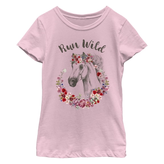 Girl's Lost Gods Horse Run Wild Floral Circle  Graphic Tee Light Pink - Run Wild Large