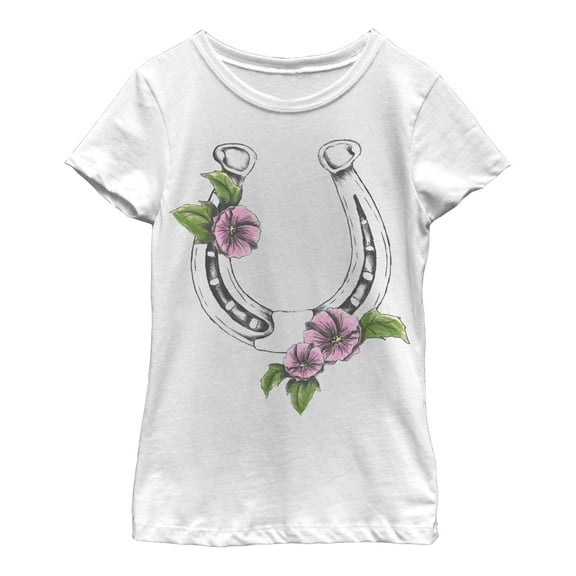 Girl's Lost Gods Horseshoe with Flowers Graphic Tee White X Large