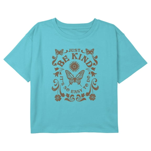 Girl's Lost Gods Just Be Kind Butterfly Graphic Cropped T-Shirt Blue Medium