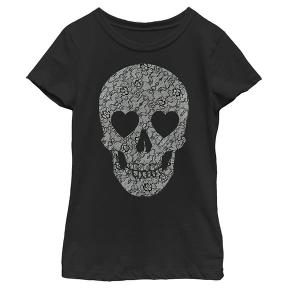 Girl's Lost Gods Lace Print Heart Skull  Graphic Tee Black Large