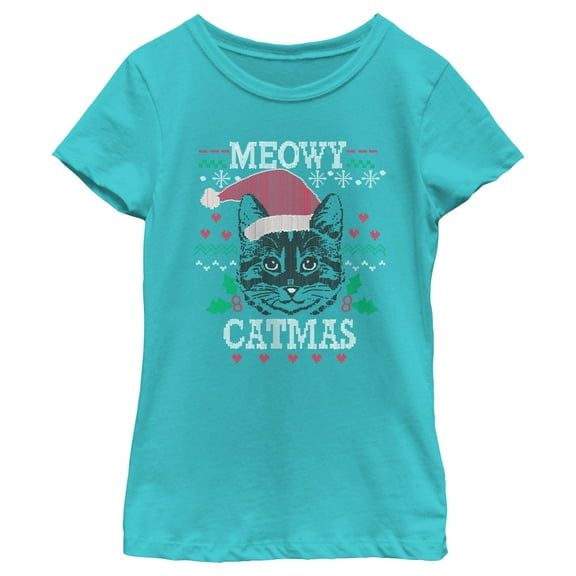 Girl's Lost Gods Meowy Catmas Knit Graphic Tee Tahiti Blue Large