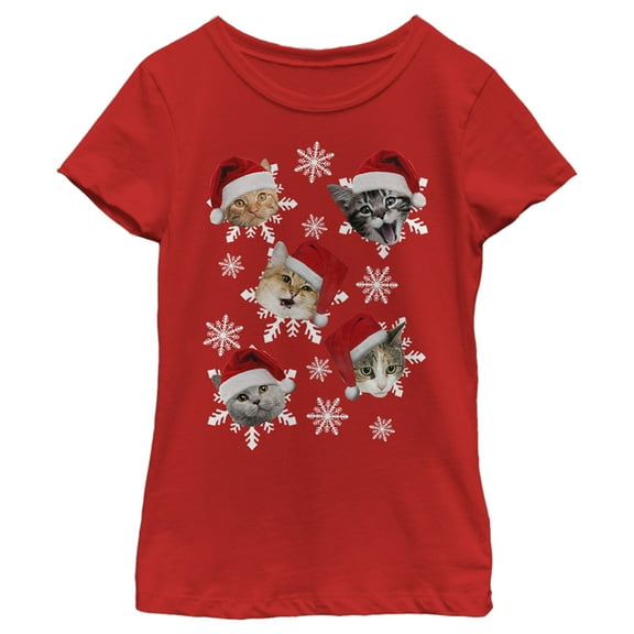 Girl's Lost Gods Merry Catmas  Graphic Tee Red Small