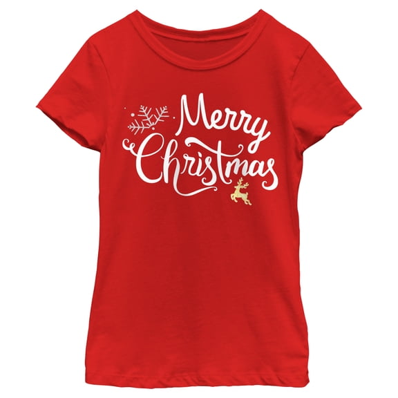 Girl's Lost Gods Merry Christmas Reindeer Graphic Tee Red Medium