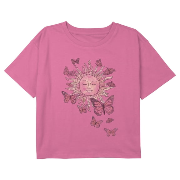 Girl's Lost Gods Monarch Butterfly Sun Sketch Graphic Cropped T-Shirt Light Pink X Large
