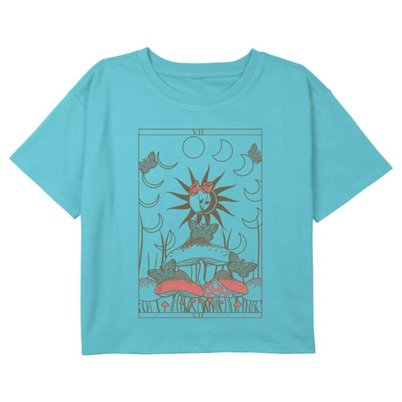 Girl's Lost Gods Mystic Mushroom Tarot Card Graphic Cropped T-Shirt Blue Medium