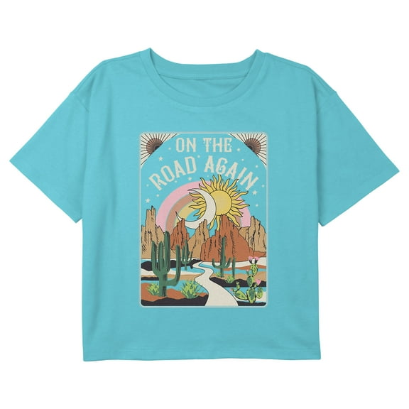 Girl's Lost Gods On the Road Again Landscape Graphic Cropped T-Shirt Blue X Large