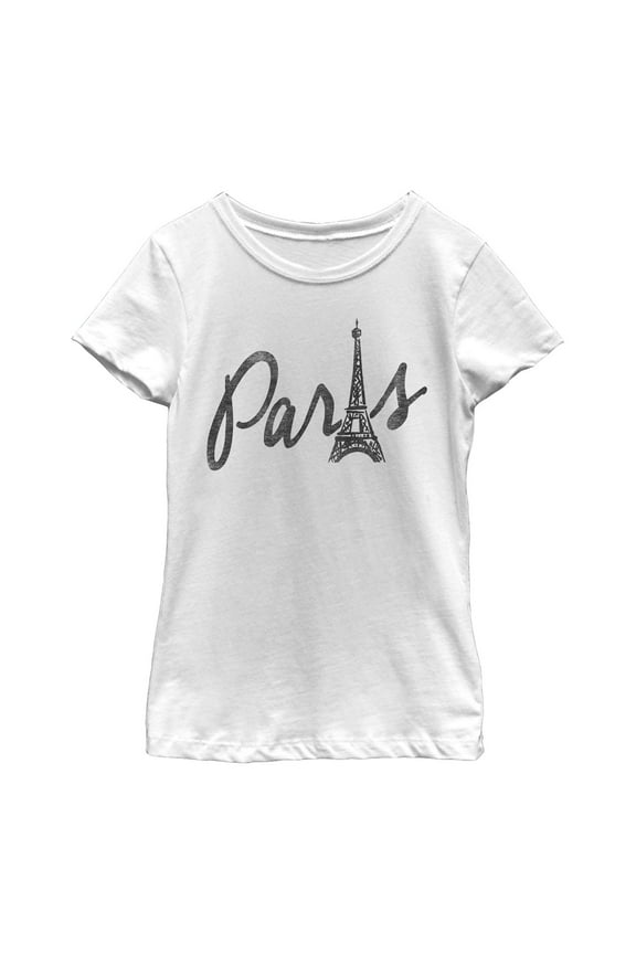 Girl's Lost Gods Paris Cursive Eiffel Tower Graphic Tee White Large