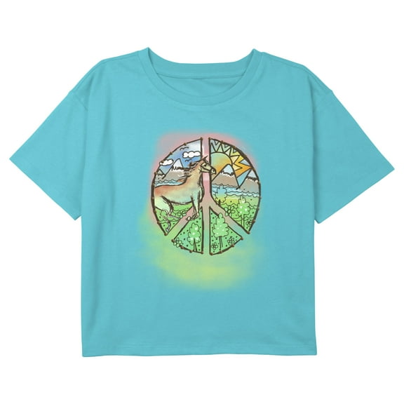 Girl's Lost Gods Peace and Horses Logo Graphic Cropped T-Shirt Blue Large