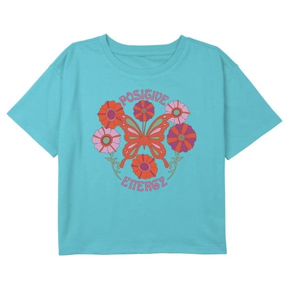 Girl's Lost Gods Positive Energy Butterfly Logo Graphic Cropped T-Shirt Blue X Large