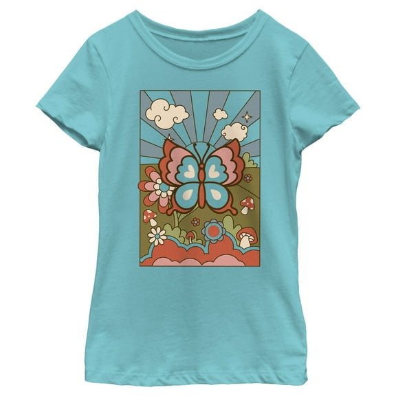 Girl's Lost Gods Retro Butterfly Tarot  Graphic Tee Tahiti Blue Large