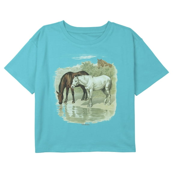 Girl's Lost Gods Retro Horses Water Portrait Graphic Cropped T-Shirt Blue X Large