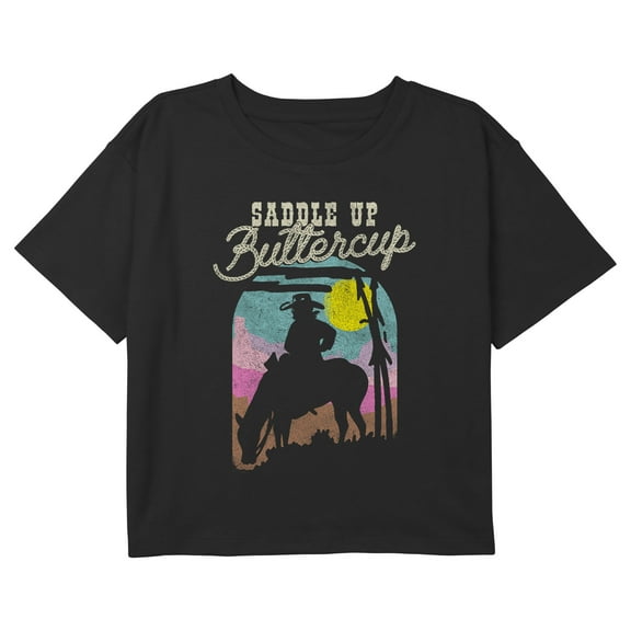 Girl's Lost Gods Saddle Up Buttercup Silhouette Graphic Cropped T-Shirt Black Large