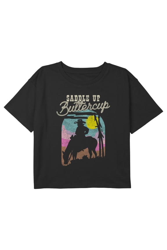 Girl's Lost Gods Saddle Up Buttercup Silhouette Graphic Cropped T-Shirt Black Small