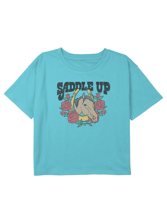 Girl's Lost Gods Saddle Up Horse Portrait Graphic Cropped T-Shirt Blue Large