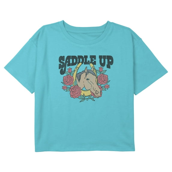 Girl's Lost Gods Saddle Up Horse Portrait Graphic Cropped T-Shirt Blue Medium