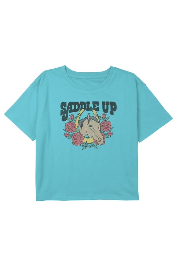 Girl's Lost Gods Saddle Up Horse Portrait Graphic Cropped T-Shirt Blue Medium