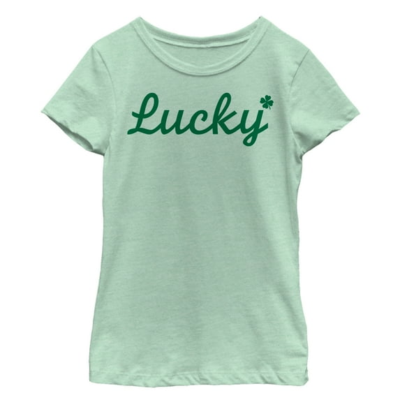 Girl's Lost Gods St. Patrick's Day Lucky Cursive With 4 Leaf Clover Graphic Tee Mint Small
