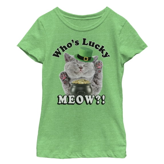 Girl's Lost Gods St. Patrick's Day Lucky Meow Cat Graphic Tee Green Apple X Large