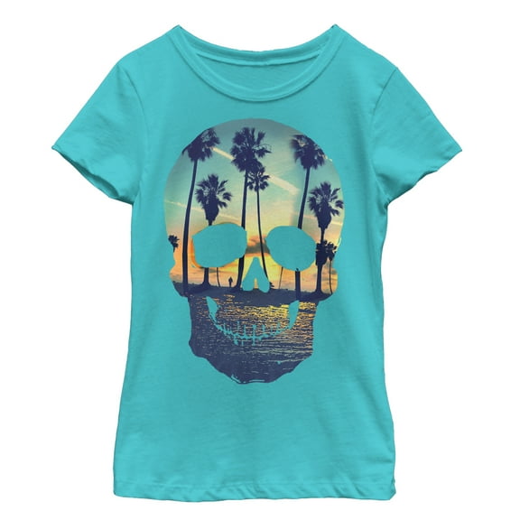 Girl's Lost Gods Sunset Skull  Graphic Tee Tahiti Blue Large