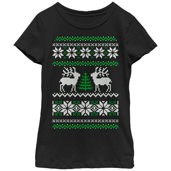 Girl's Lost Gods Ugly Christmas Tree Reindeer  Graphic Tee Black X Large