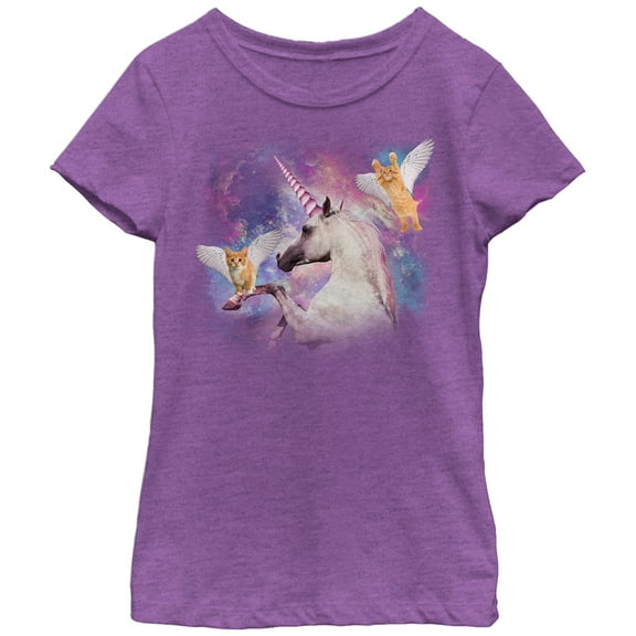 Girl's Lost Gods Unicorn and Flying Cats in Space  Graphic Tee Purple Berry Medium