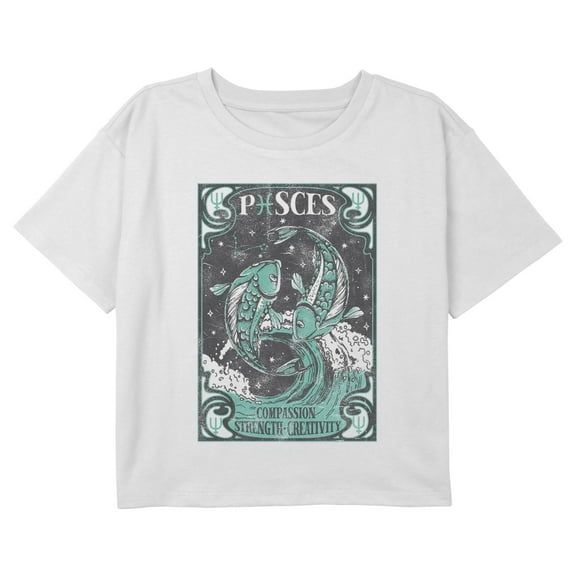 Girl's Lost Gods Vintage Pisces Card Graphic Cropped T-Shirt White X Large