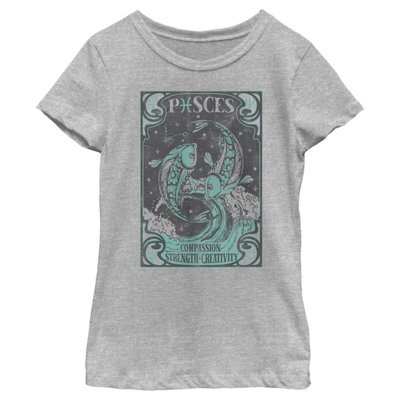 Girl's Lost Gods Vintage Pisces Card  Graphic Tee Athletic Heather X Small