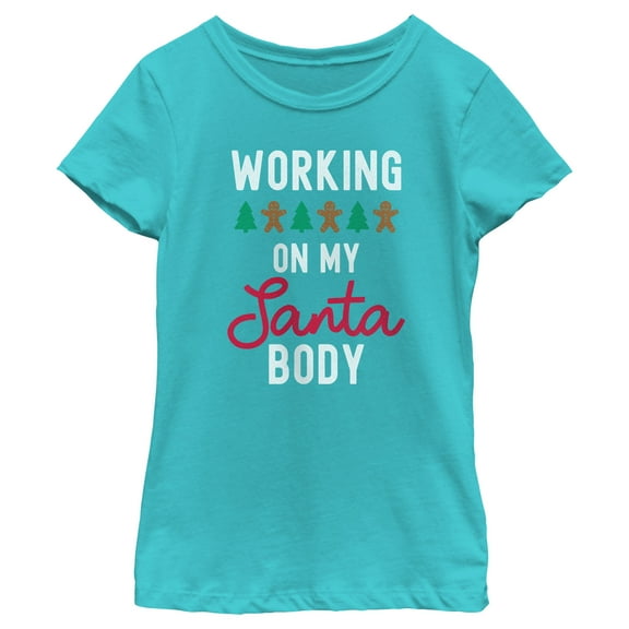 Girl's Lost Gods Working On My Santa Body  Graphic Tee Tahiti Blue Large