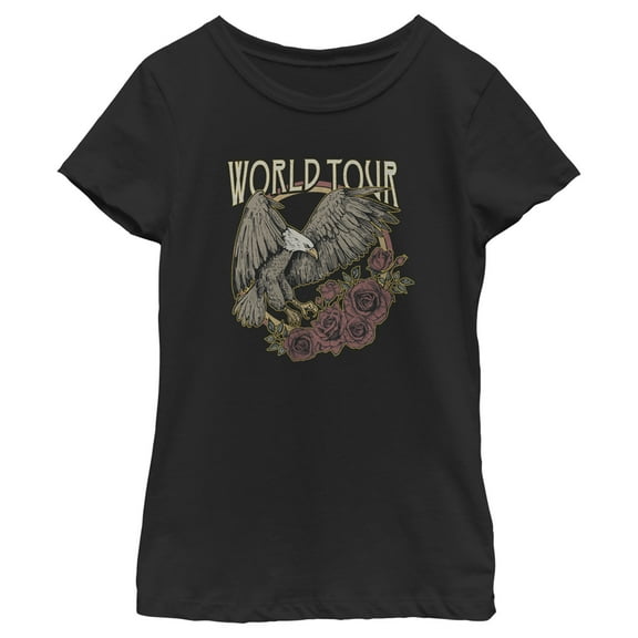 Girl's Lost Gods World Tour Eagle and Roses  Graphic Tee Black Large