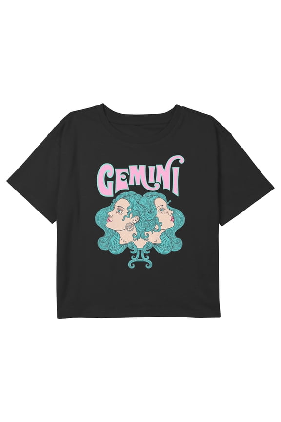 Girl's Lost Gods Zodiac Gemini Art Symbol Graphic Cropped T-Shirt Black Large