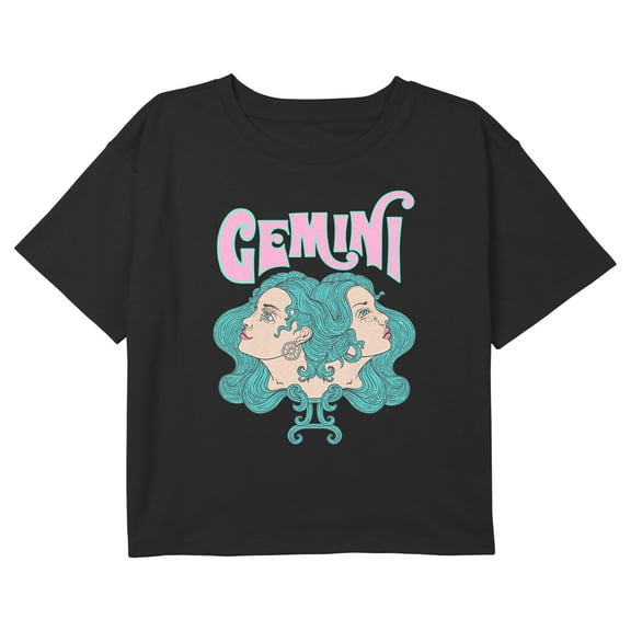 Girl's Lost Gods Zodiac Gemini Art Symbol Graphic Cropped T-Shirt Black Medium
