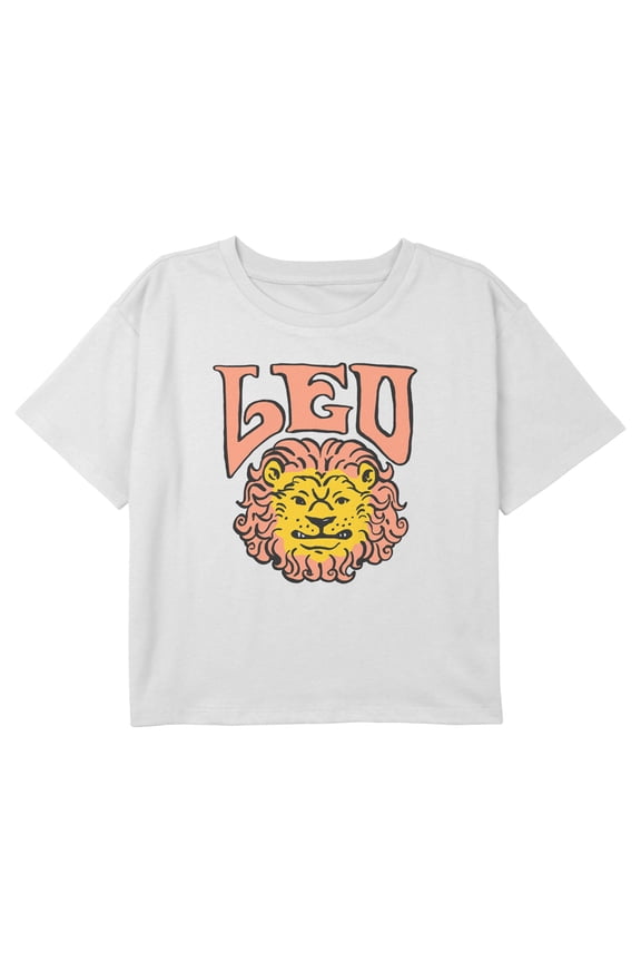 Girl's Lost Gods Zodiac Leo Art Symbol Graphic Cropped T-Shirt White X Large