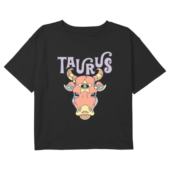 Girl's Lost Gods Zodiac Taurus Art Symbol Graphic Cropped T-Shirt Black Large