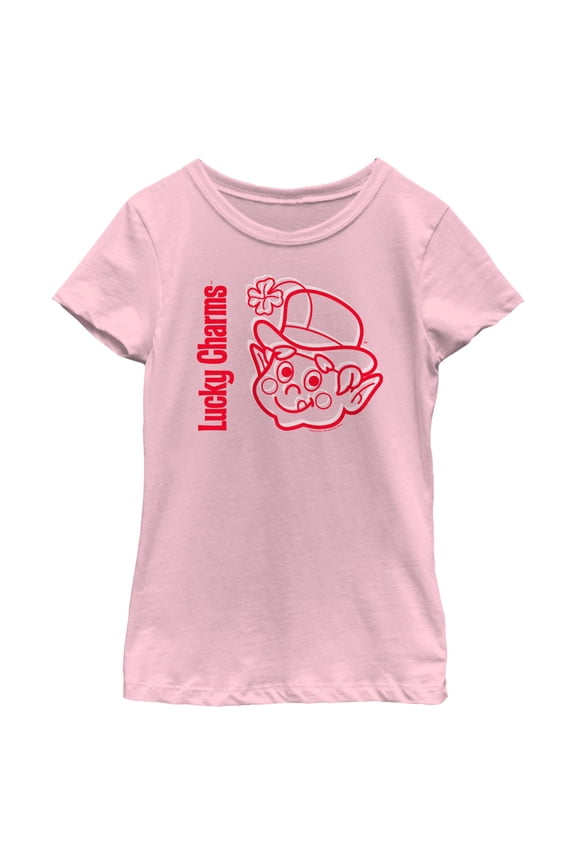 Girl's Lucky Charms Leprechaun Red Face Graphic Tee Light Pink Small