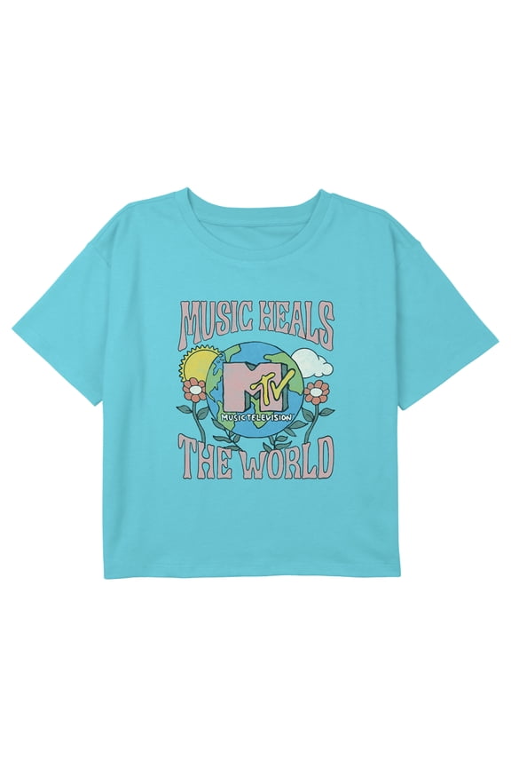 Girl's MTV Music Heals the World Logo Graphic Cropped T-Shirt Blue Small
