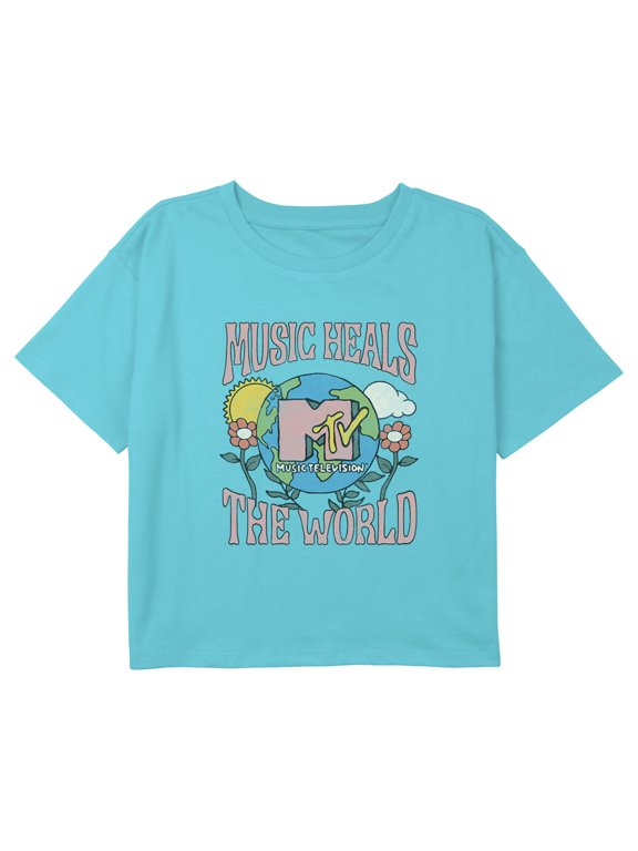 Girl's MTV Music Heals the World Logo Graphic Cropped T-Shirt Blue X Large