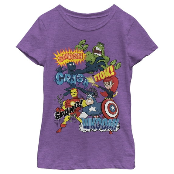 Girl's Marvel Animated Avengers Sound Effects Graphic Tee Purple Berry Small