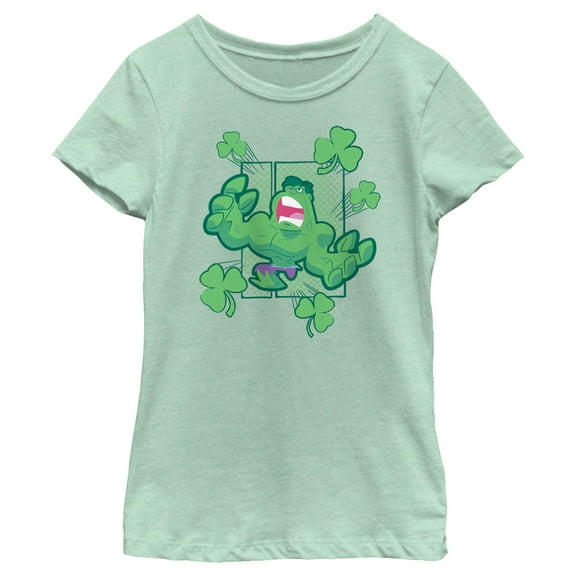 Girl's Marvel Animated Shamrock Hulk  Graphic Tee Mint Medium