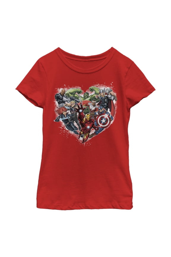 Girl's Marvel Avengers Assemble Heart Collage  Graphic Tee Red Medium
