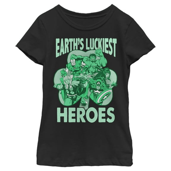 Girl's Marvel Avengers St. Patrick's Day Earths Luckiest Heroes Graphic Tee Black X Small