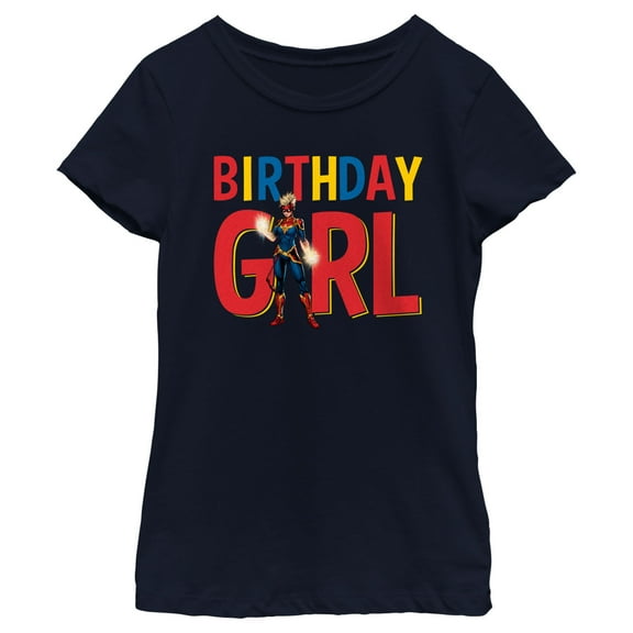 Girl's Marvel Birthday Girl Captain Marvel Graphic Tee Navy Blue Medium