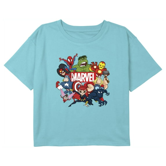 Girl's Marvel Brick Logo Character Pile Graphic Cropped T-Shirt Blue Medium