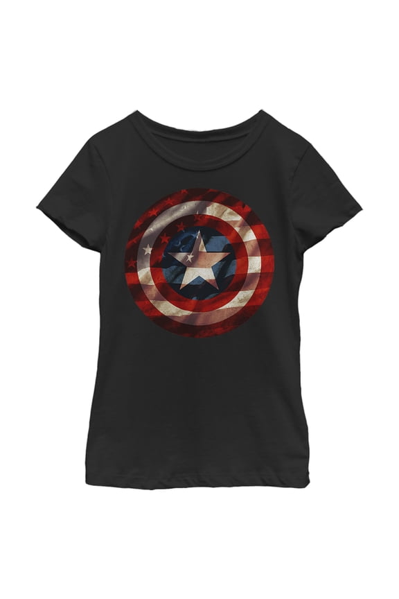 Girl's Marvel Captain America Avengers Shield Flag Graphic Tee Black X Large