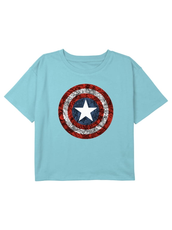 Girl's Marvel Captain America Comic Print Shield Graphic Cropped T-Shirt Blue Large