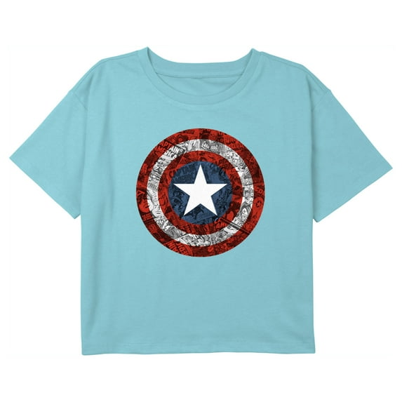 Girl's Marvel Captain America Comic Print Shield Graphic Cropped T-Shirt Blue Medium