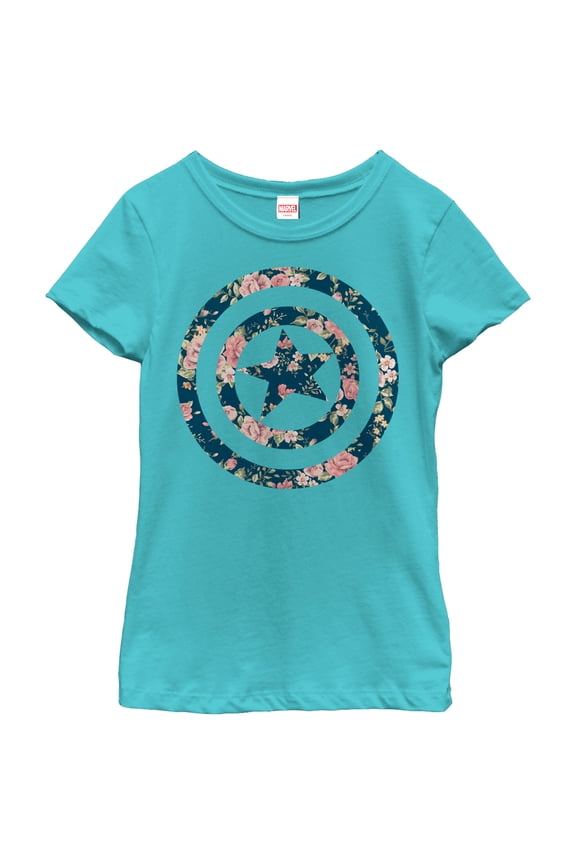 Girl's Marvel Captain America Floral Print  Graphic Tee Tahiti Blue Medium